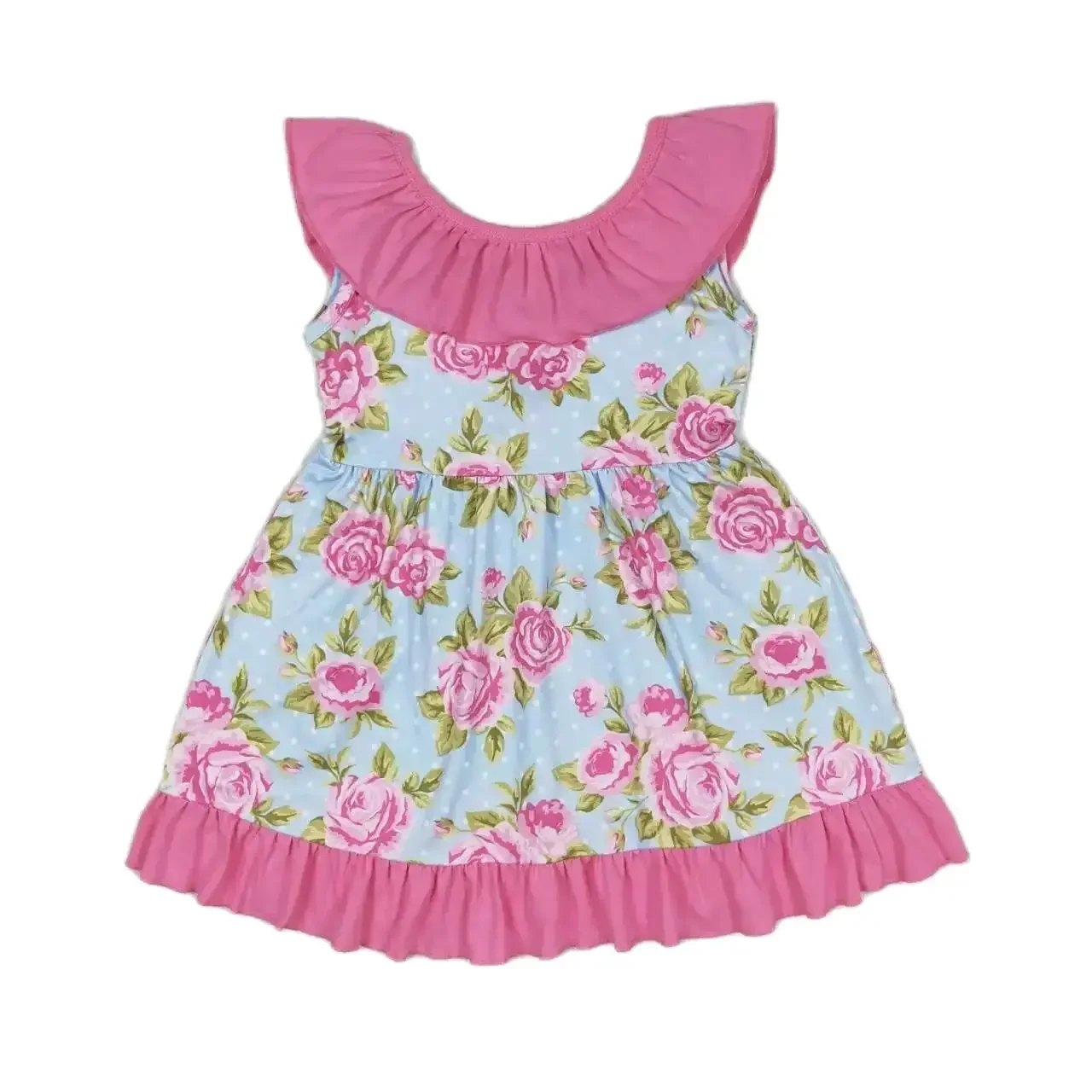 

GSD0738 Kids Girls Dresses Sleeveless Top Flower Polka Dot Rose Red Lace Bow Print With Dress Children Clothes