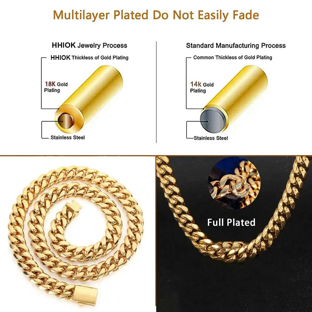 Hochwertige Breite 8–14 mm, Edelstahl, goldfarben, kubanische Kette, wasserdichte Panzergliederkette für Männer und Frauen, verschiedene Größen – Detail 3