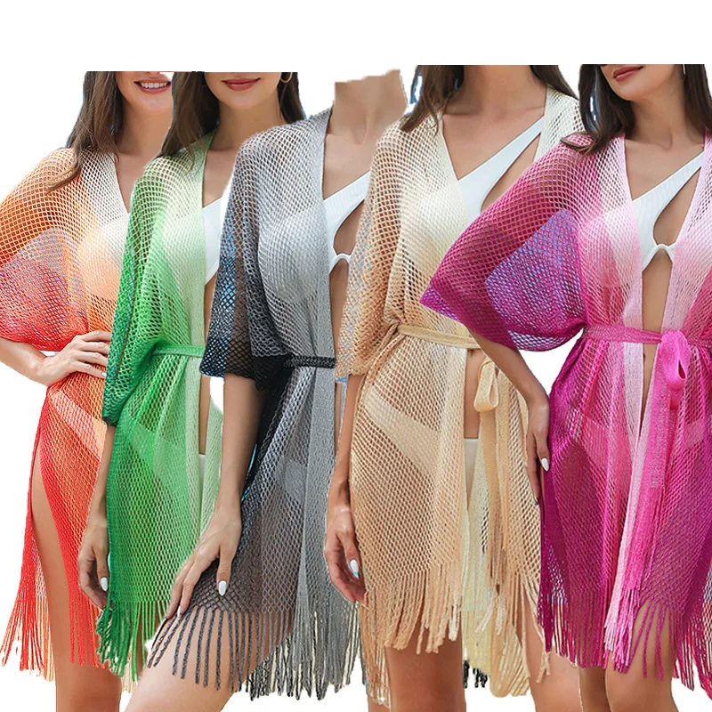 Foreign Trade Bikini with Knitted Blouse Loose Summer Cardigan Fringed Hollowed-out Vacation Sunscreen Blouse Women