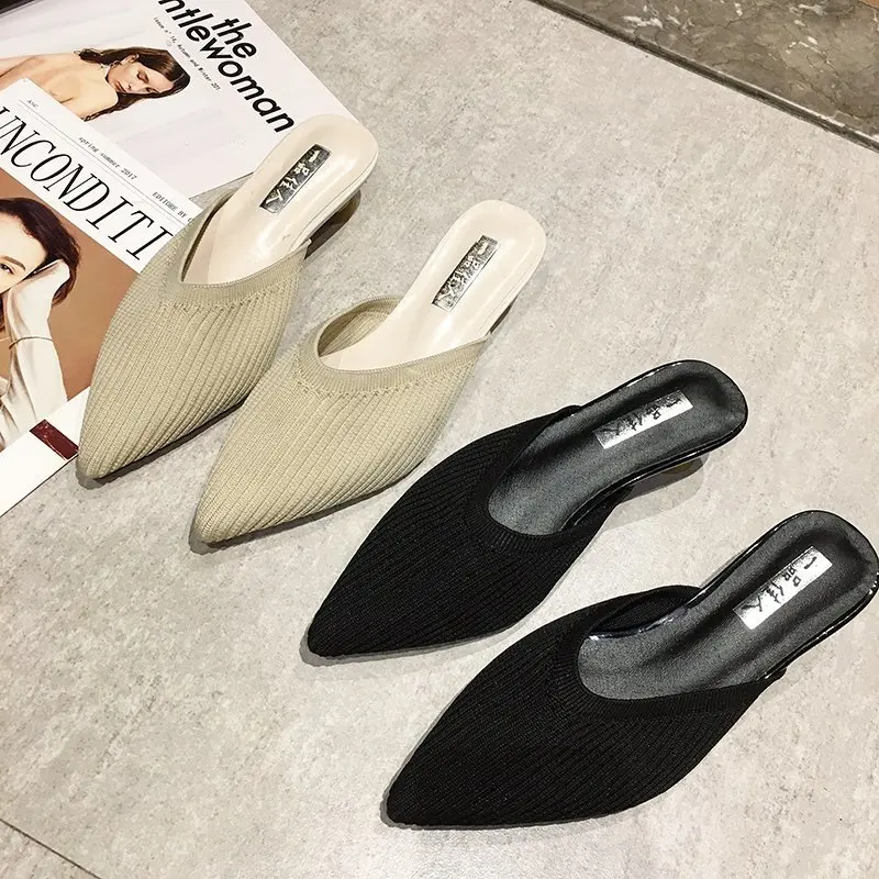 2025 الصيف النساء أصفر أسود محبوك الشرائح البغال جديد أنيق شبكة تنفس ميد كعب النعال مغلقة تو الشرائح أحذية الحفلات #6