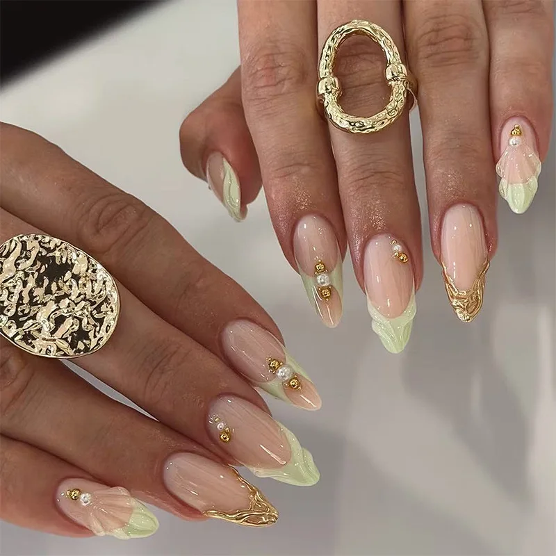 

Gold-plated armor-green green 3D three-dimensional shell almond-shaped nail art point drill pearl armor-plated
