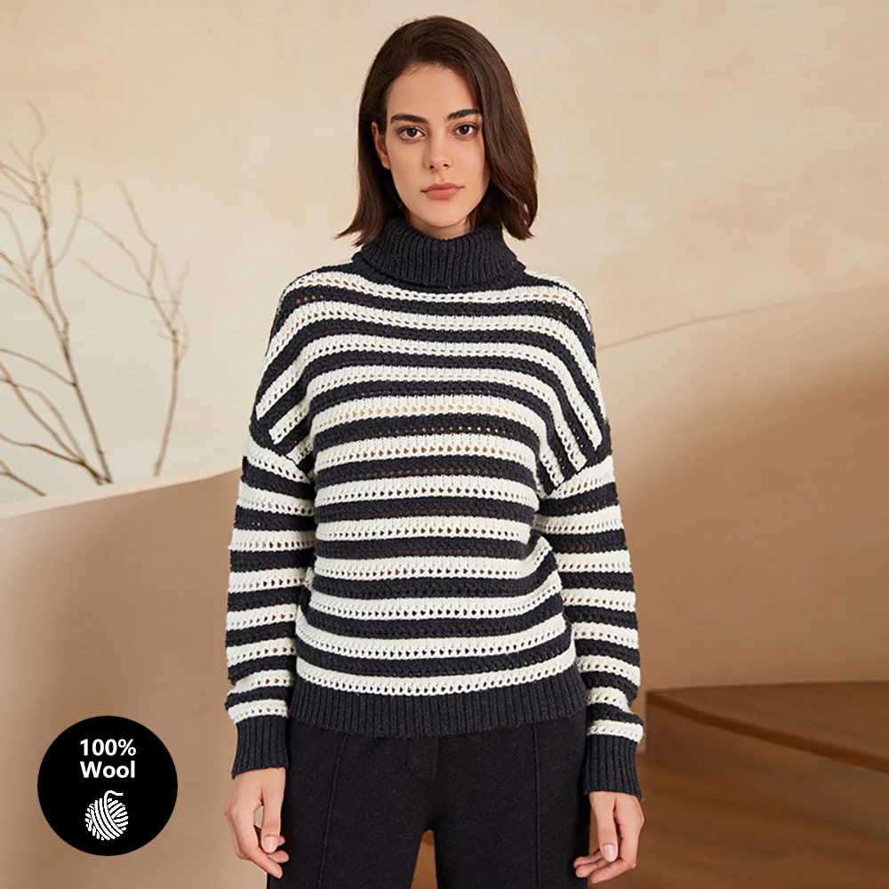 

BC-290 Colorblocking Turtle Neck 100% Wool Clothes Knit Knitwear Women's Clothing Sweaters Woolen Sweater