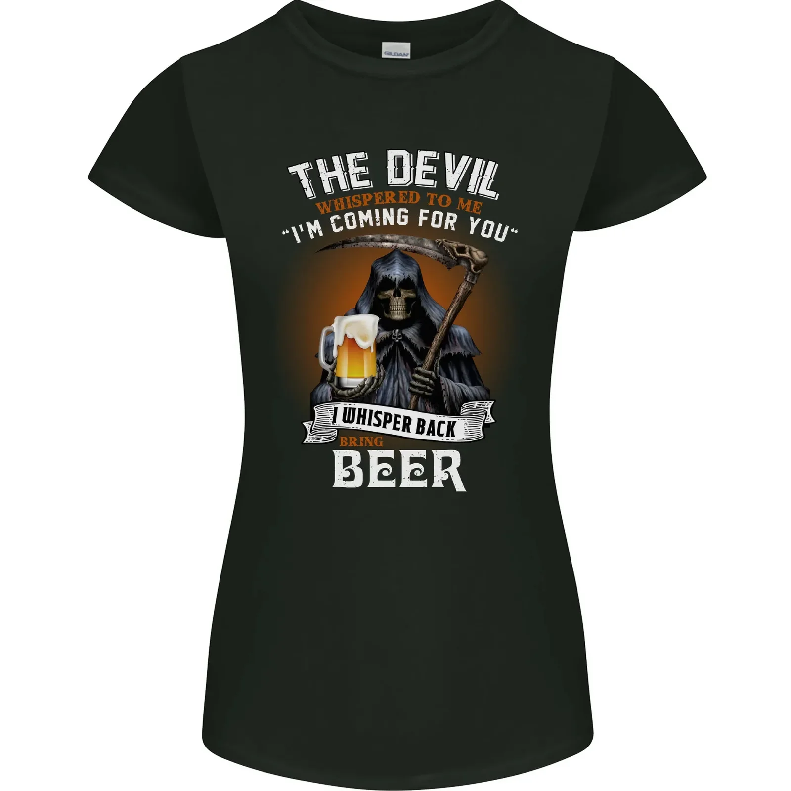 Funny Grim Reaper Devil With Beer Alcohol Womens Petite Cut T-Shirt