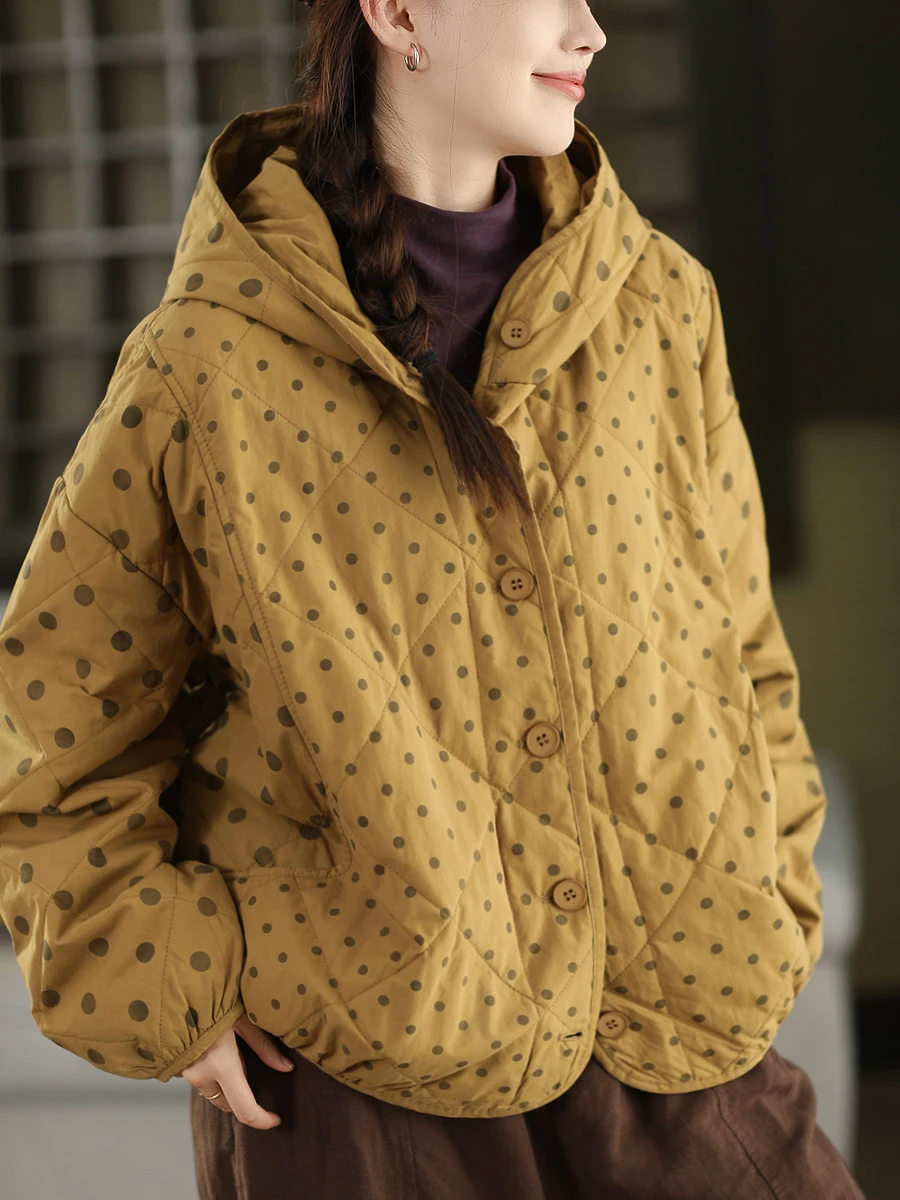 

Thiened Хлопковое весенне-осенне-зимнее клетчатое женское пальто с капюшоном в стиле ретро, длинная повседневная верхняя одежда в горошек