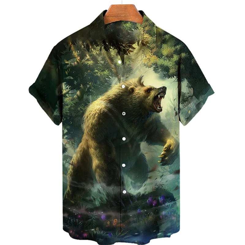 Harajuku Fashion Bear Graphic Blouses Funny Animal 3D Printed Shirts For Men Clothes Casual Mens Lapel Blouse Button Clothing