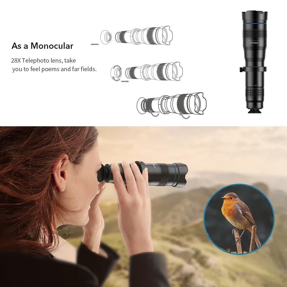 Pop Pro HD 28X Metal Telescope Lens Phone Camera Lense Monocular With Mini Selfie Tripod For IPhone 78 Xiaomi All Smartphone