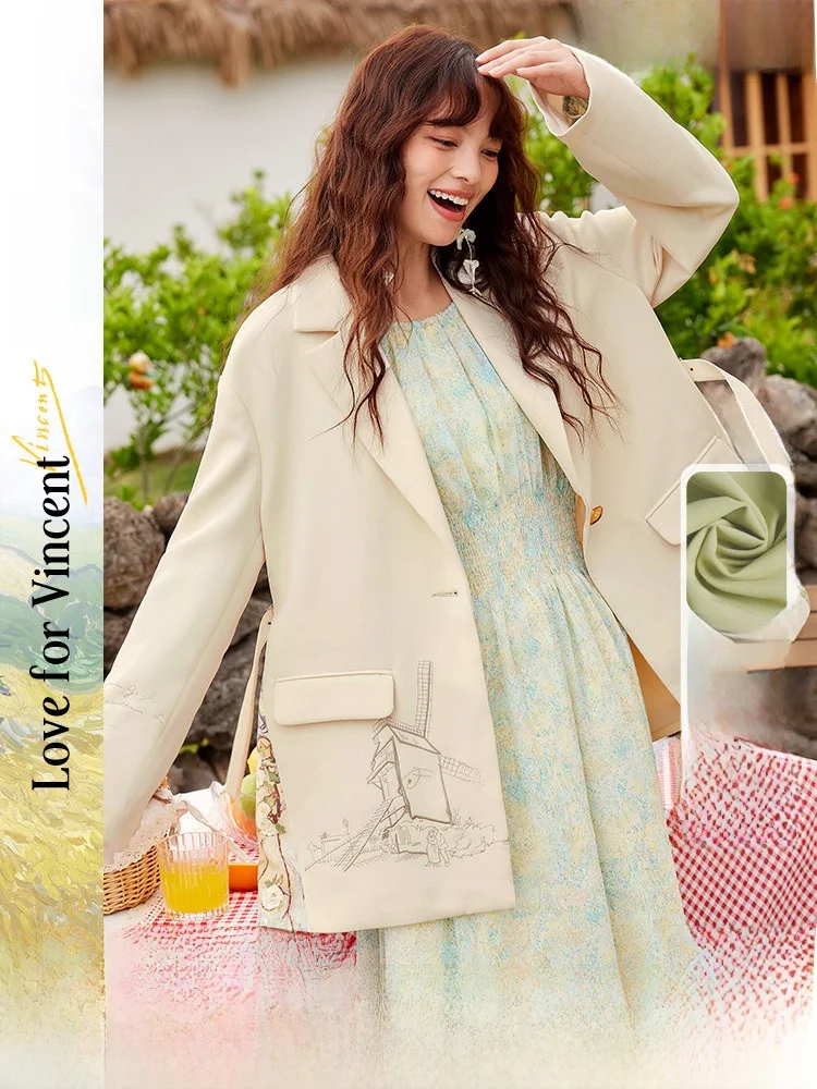 

Faionable Print Suit Jaet Women Casual Straight Leg Pants Polyester Fiber Long Sve One Button Closure Coat