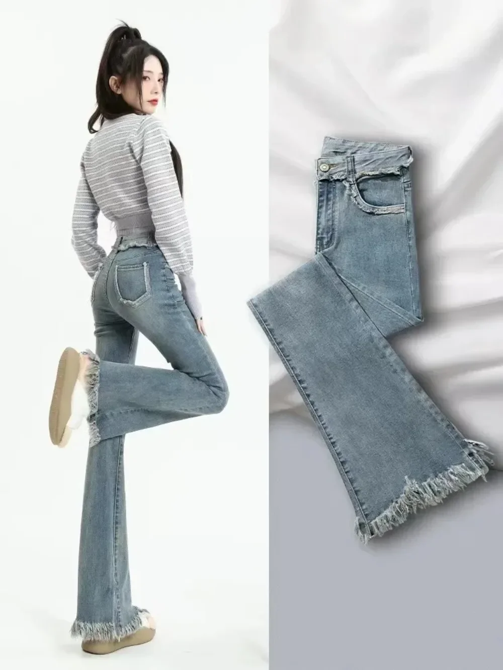

Women Vintage Jeans Flare Pants Denim High Waist Pockets Button Basics Ankle Length Trousers Solid 2024 Streetwear Denims