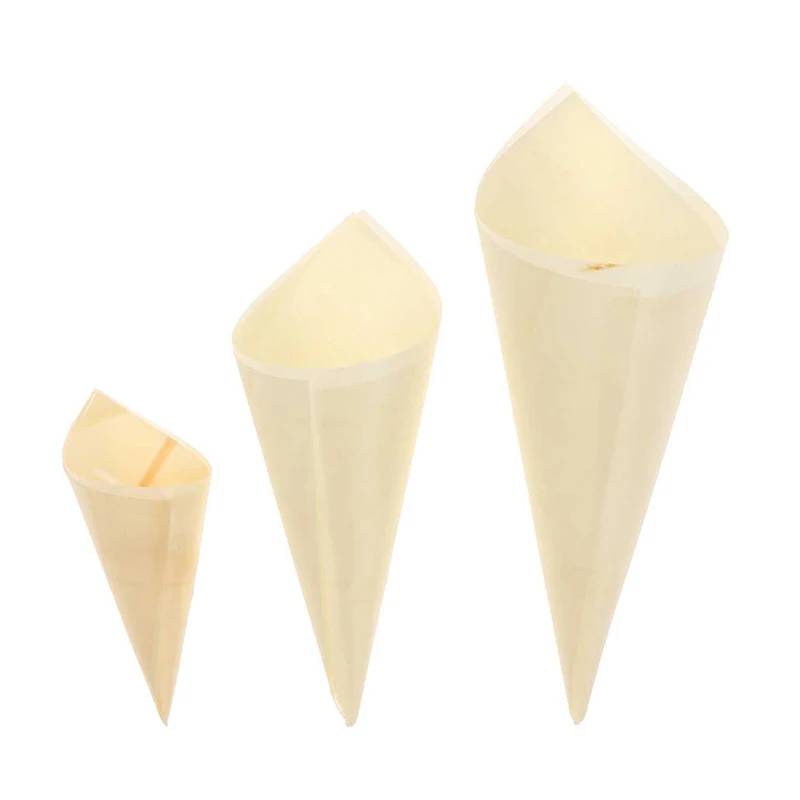 50Pcs Disposable Wood Appetizer Cones Biodegradable Cone Veneer Roll Disposable Ice Cream Cone Packaging Container Candy Cup