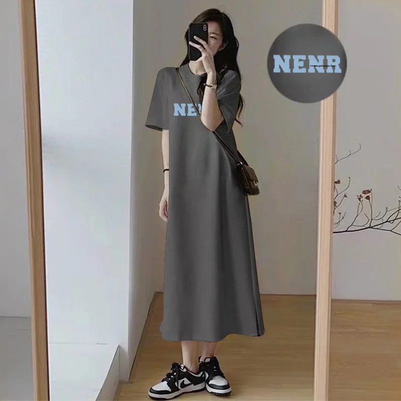 Damen T-Shirt-Kleid mit Buchstaben-Print, Oversize, locker geschnitten, Maxi-Tee-Kleid, lässig, Kurzarm, Sommer, Baumwolle, langes Kleid