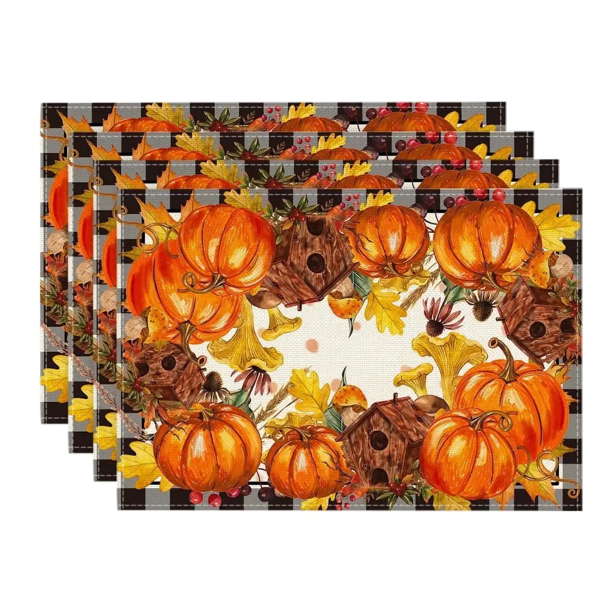Smile Buffalo Check Plaid Fall Thanksgiving Table Placemats 12x18in Set of 4, Pumpkins Mushrooms Birdhouse Maple Leaves