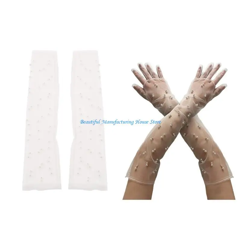 E56A Pearls Lace Long Gloves Stretch Tulle Mesh Semi Sheer Gloves for Formal Clothes