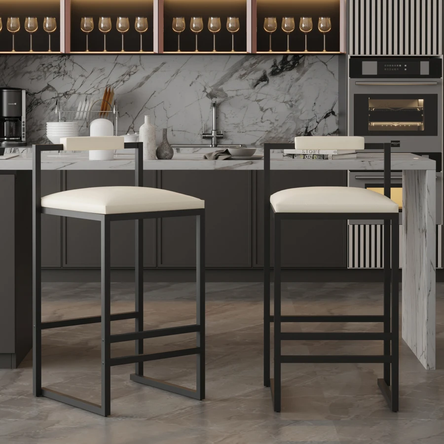 

Set of 2 Barstools Faux Leather Upholstered Bar Stools Modern Metal Frame Dining Chairs for Counter Kitchen Island Beige