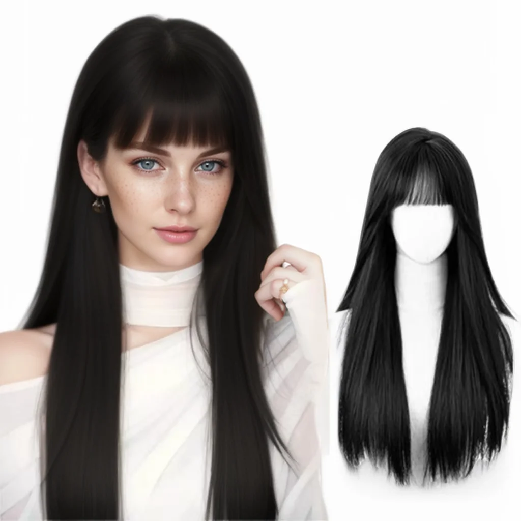 

24-дюймовый длинный прямой синтетический парик на всю голову с челкой, коричневый, черный, полностью машинный парик с натуральной реалистичной имитацией кожи головы