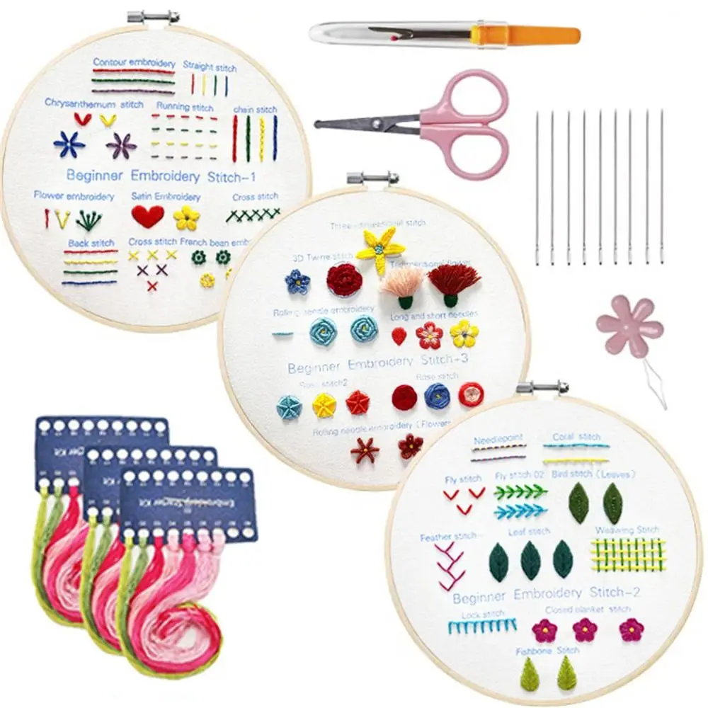 Beginner Embroidery Stitch Practice Kit Cross Stitch Flowers Needle Crafts Embroidery Hoop DIY Handwork Needlework Home Decor