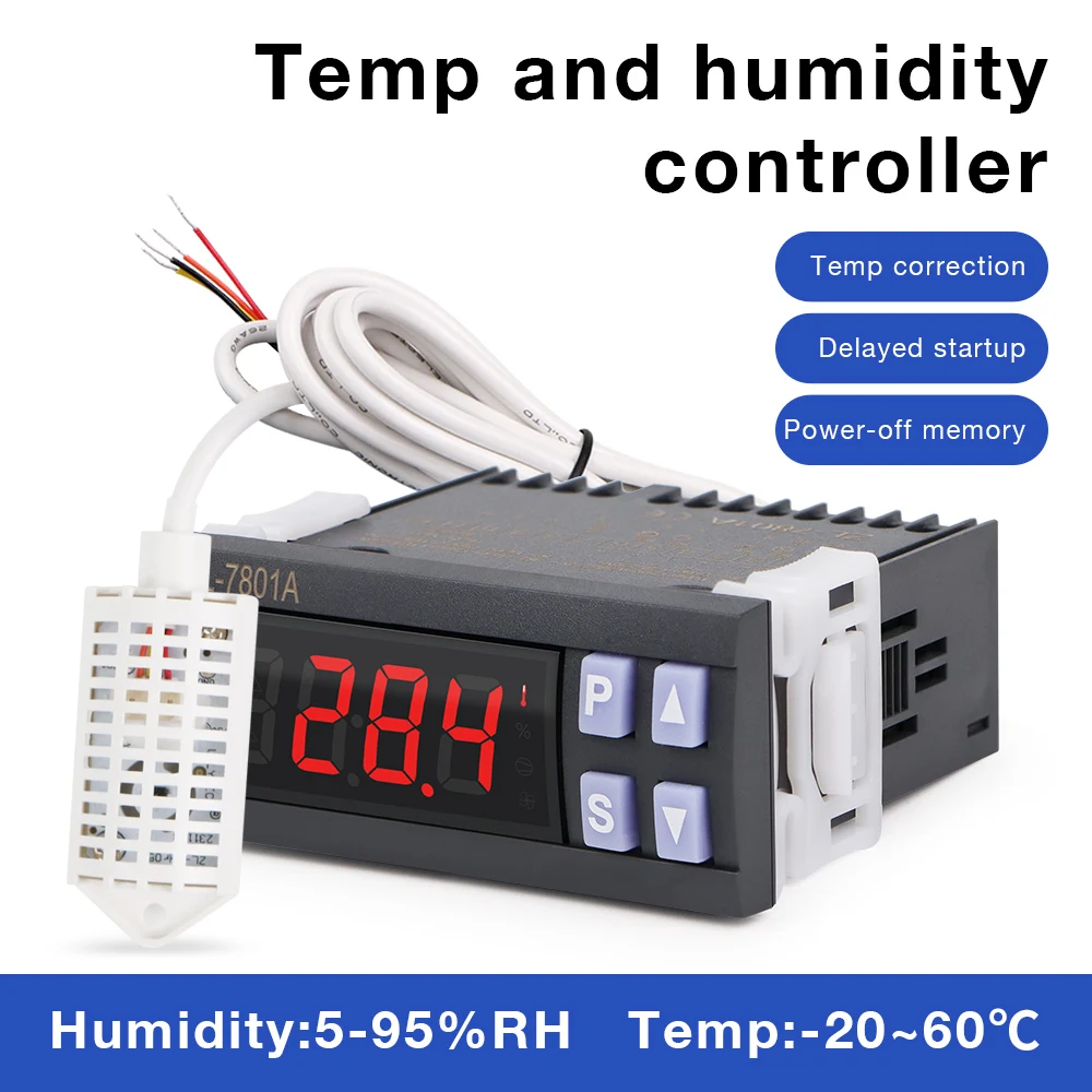 LCD Display Incubation Temperature and Humidity Controller 7801A Incubator Accuracy Thermostat Moisture Control  with 2m Sensor
