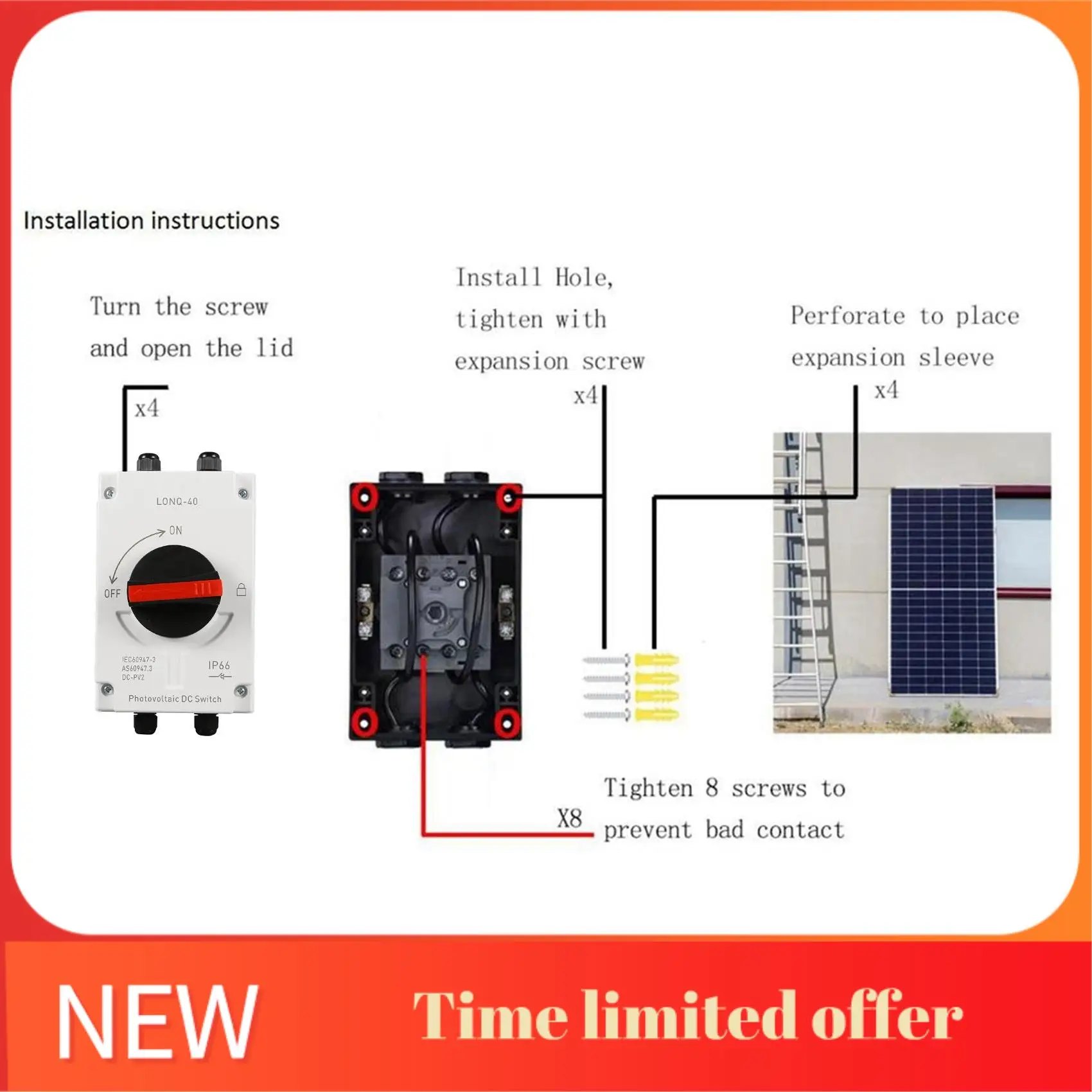 A42T-32A 4P PV Disconnector Switch+Connector+Wrench DC1200V GF40 Outdoor IP66 Waterproof Diverter Switch Rotary Switch