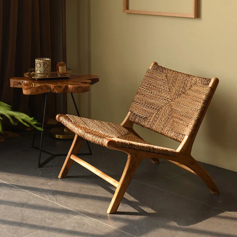 Nordic single sofa chair, rattan weave backrest, solid wood backrest, balcony, homestay, natural wood, quiet wind, leisure