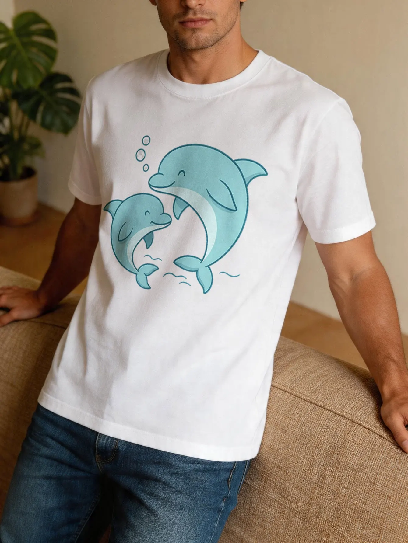 Cute Two Smiling Dolphins Graphic Mens T Shirt Ocean Sea Animal Print Short Sleeve Crew Neck Cotton Tee Casual Daily Wear Top