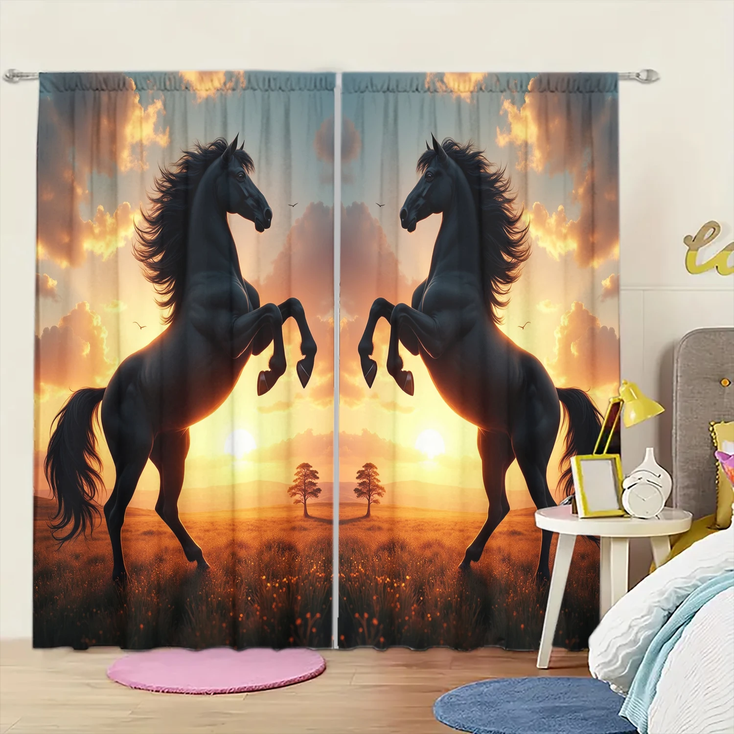2pcs Brown Steed Under the Sunset Printed Curtain for Home Decor - Rod Pocket Window Treatment for Bedroom, Office, Kitchen