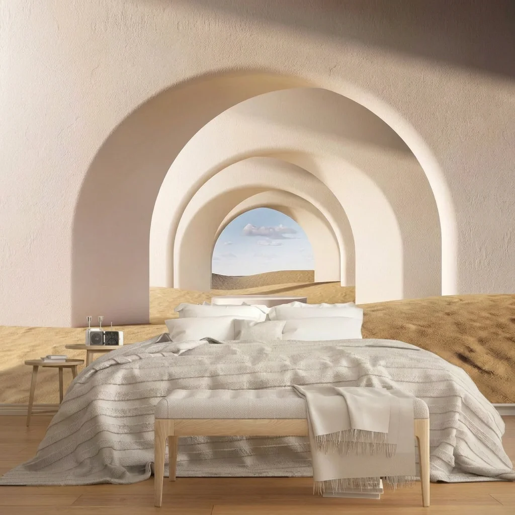 Geometric arches with desert landscape, background wall for living room and bedroom, self-adhesive material.