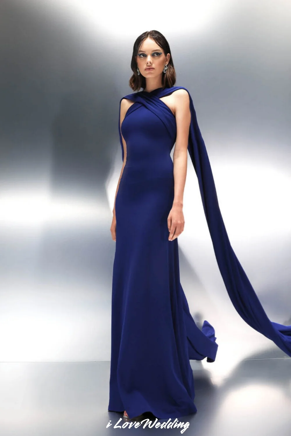 

Dark Blue Halter Evening Dresses 2025 Sleeveless Ribbon Open Back A-Line Floor-Length Sweep Train Wedding Party Dress Customized