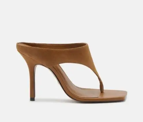 

New Ladies Camel Suede Black Leather Square Clip Toe Thin Heels Modern Slippers Women Fashion High Heel Party Sandals Shoes