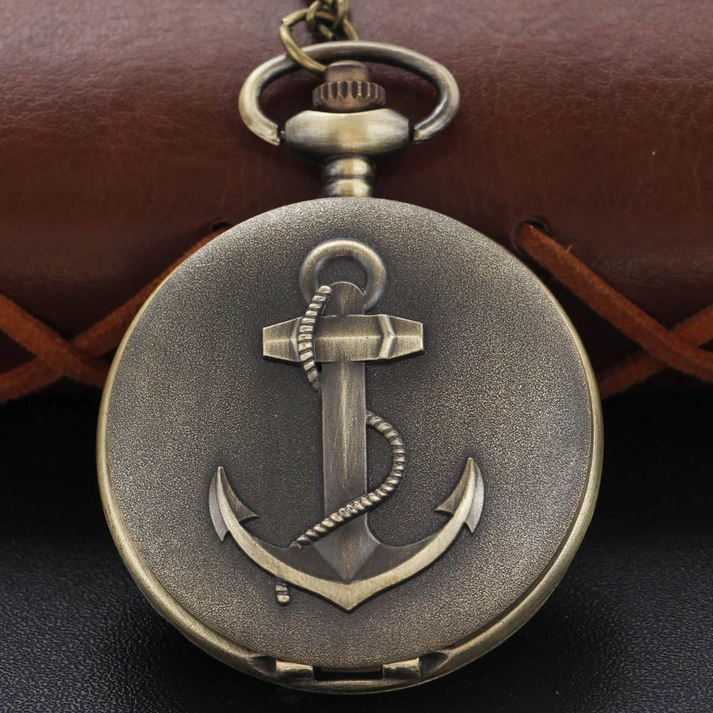 Bronze Classic Anime Sailing Boat Anchor Pattern Chain Pocket Watch Vintage Steampunk Necklace Pendant Clock Men Women Gift