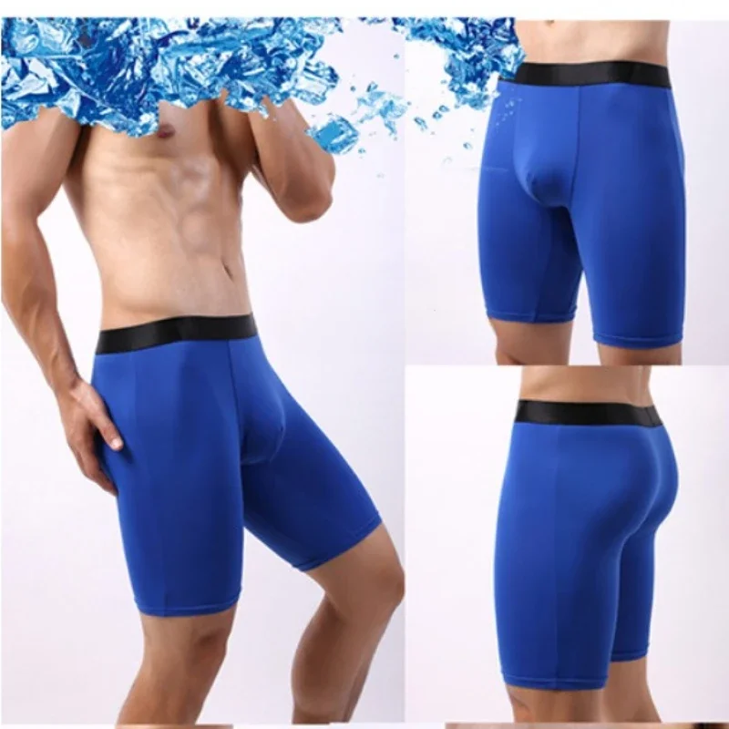 

Quick Drying Swimming Trunks Men's Long Flat Boxers Shorts U Pouch Underwear Ice Silk Sports Underwear High Elasticity Panties