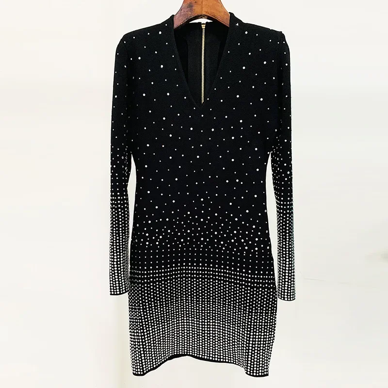 Ladies Suit V-neck Birthday Ball  Dress Slim-fit Fashion Heavy Industry Gradient Rhinestone V-neck Knitted Long-sleeved Dress