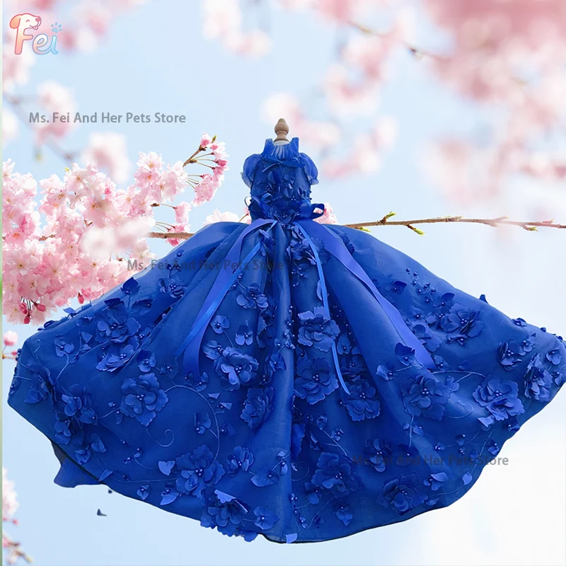 

Exquisite Blue Sequined Dog Wedding Dress Handmade Bow Tulle Skirt High-End Apparel for Small Dogs Special Occasion Wear