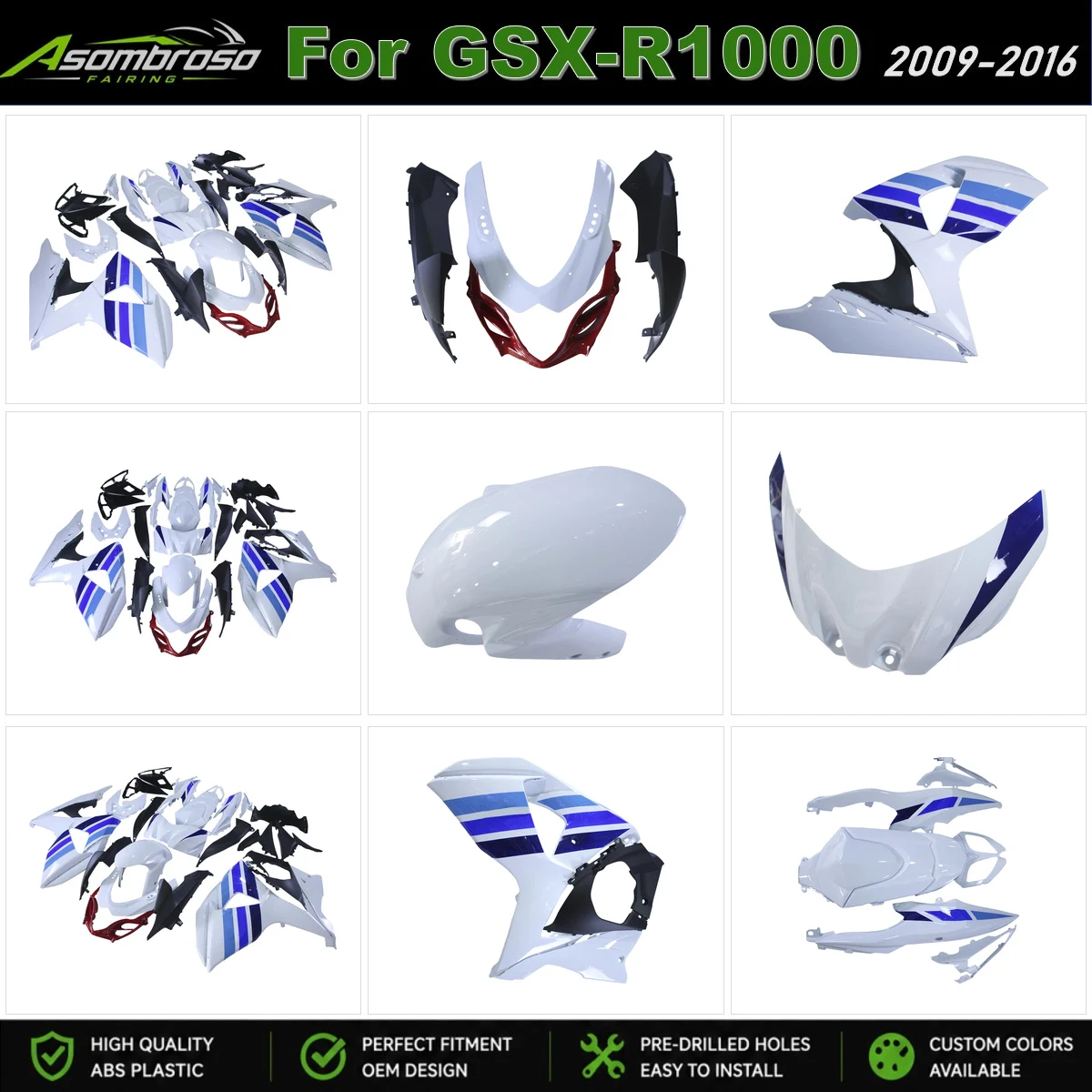 Motorcycle Fairings Kit Fit For GSXR1000 2009 2010 2011 2012 2013 2014 2015 2016 K9 ABS Injection Bodywork Set White Blue
