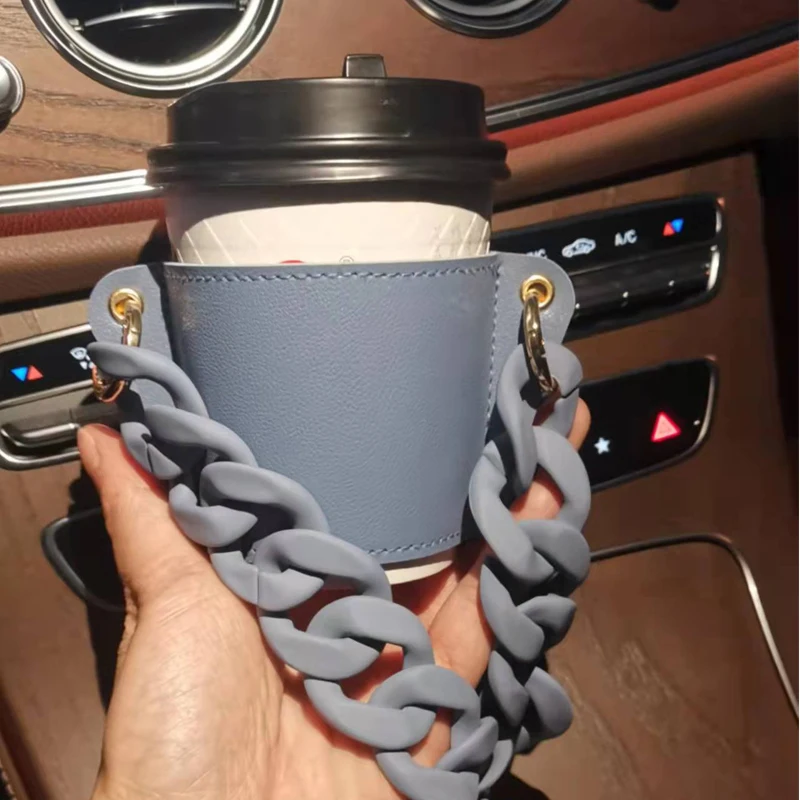 Fashional PU Leather Cup Holder Portable Glass Bottle Leather Cover Eco-friendly Coffee Cup Bag Detachable Chain Bottle Cover