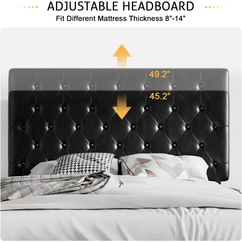 Full Size Platform Bed Frame with Button Tufted Headboard, Faux Leather Mattress Foundation, Wooden Slats