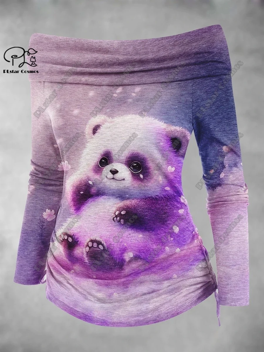 PLstar Cosmos 3D impreso serie animal lindo patrón arte estampado fuera del hombro plisado camiseta ajustada mujer casual top D-2