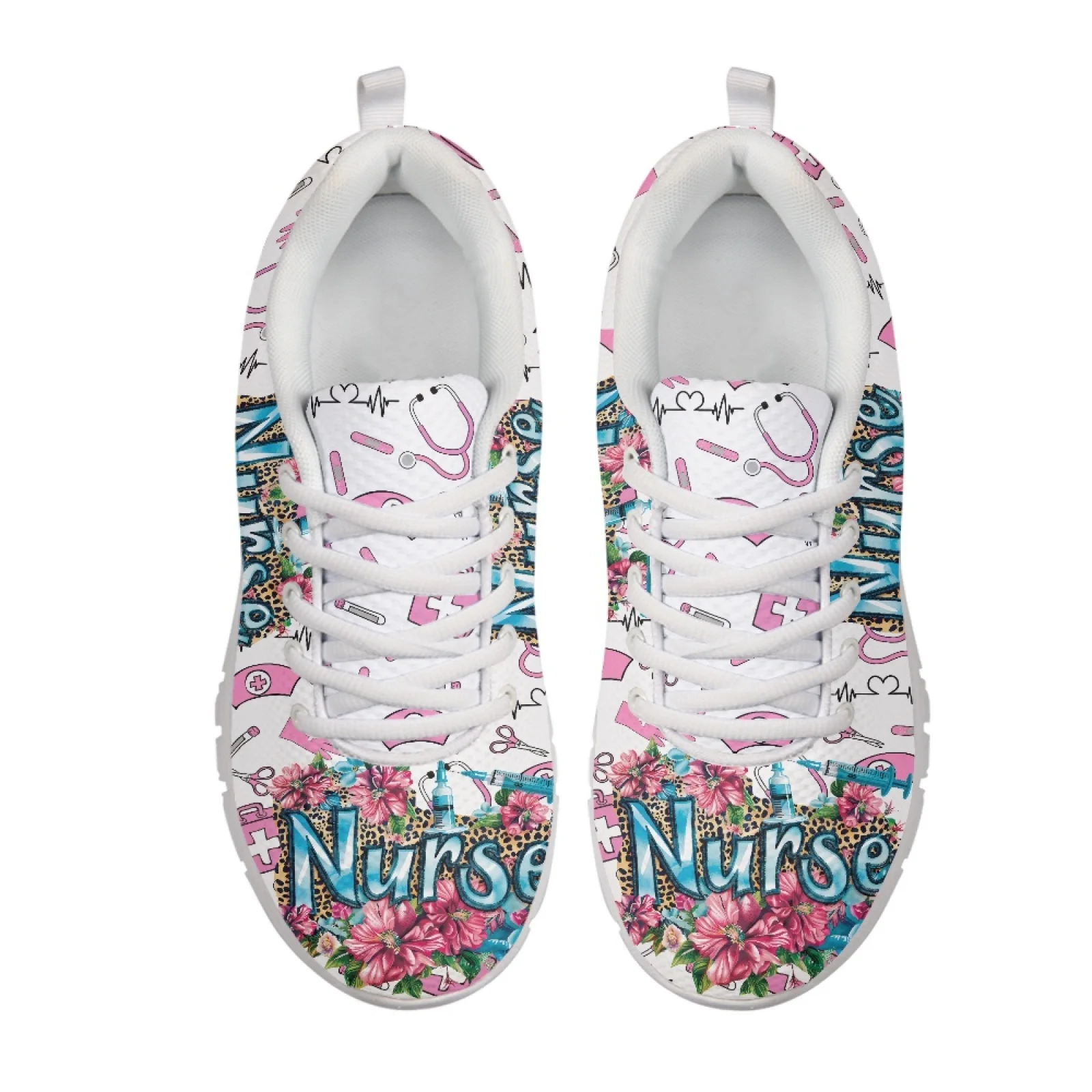 Coloranimal Pink Medical Pattern Lace Up Tennis Shoes for Women Mesh & EVA Sole Mens Athletic Trainers for Running