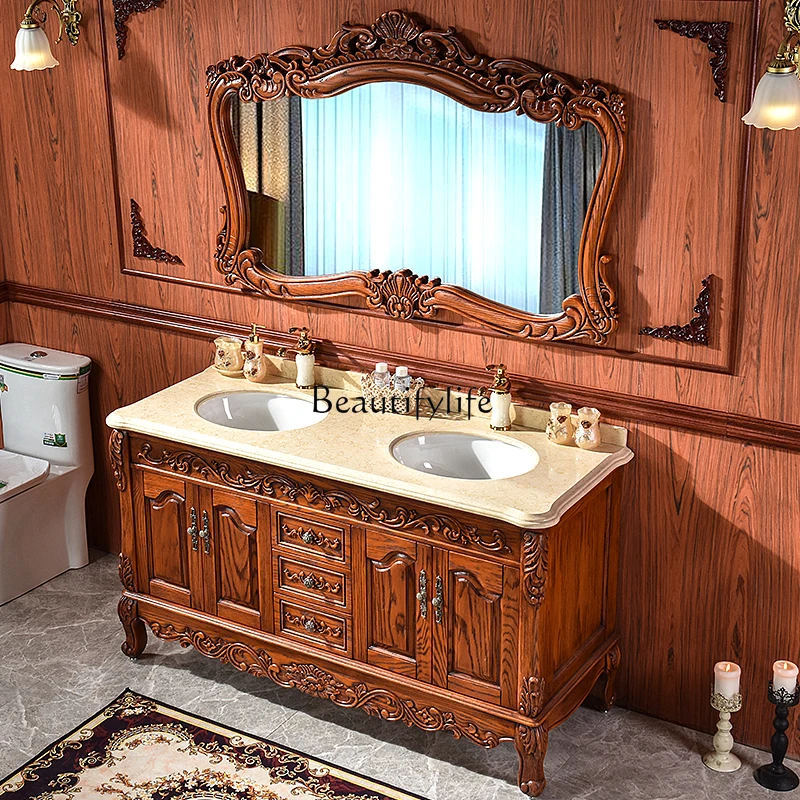 

European bathroom cabinet combination solid wood floor-to-ceiling bathroom washstand red oak
