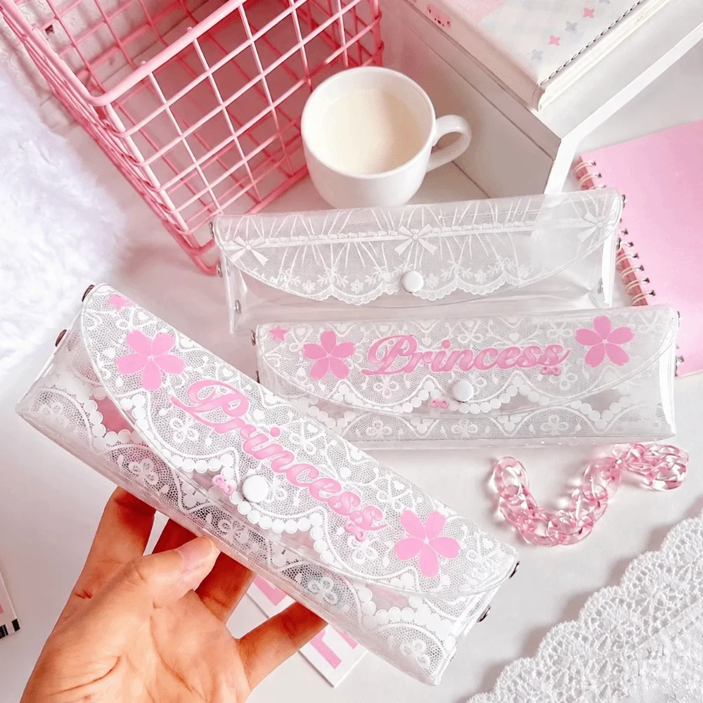 Gifts PVC Lace Pencil Case Transparent Snap Button Stationery Pouch Pen Bag Desk Organization