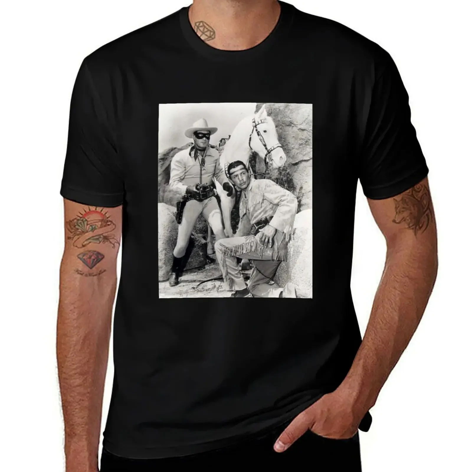 

Lone Ranger and Tonto Clayton Moore and Jay Silverheels T-Shirt basketball graphic tees blue archive baggy shirts men clothing