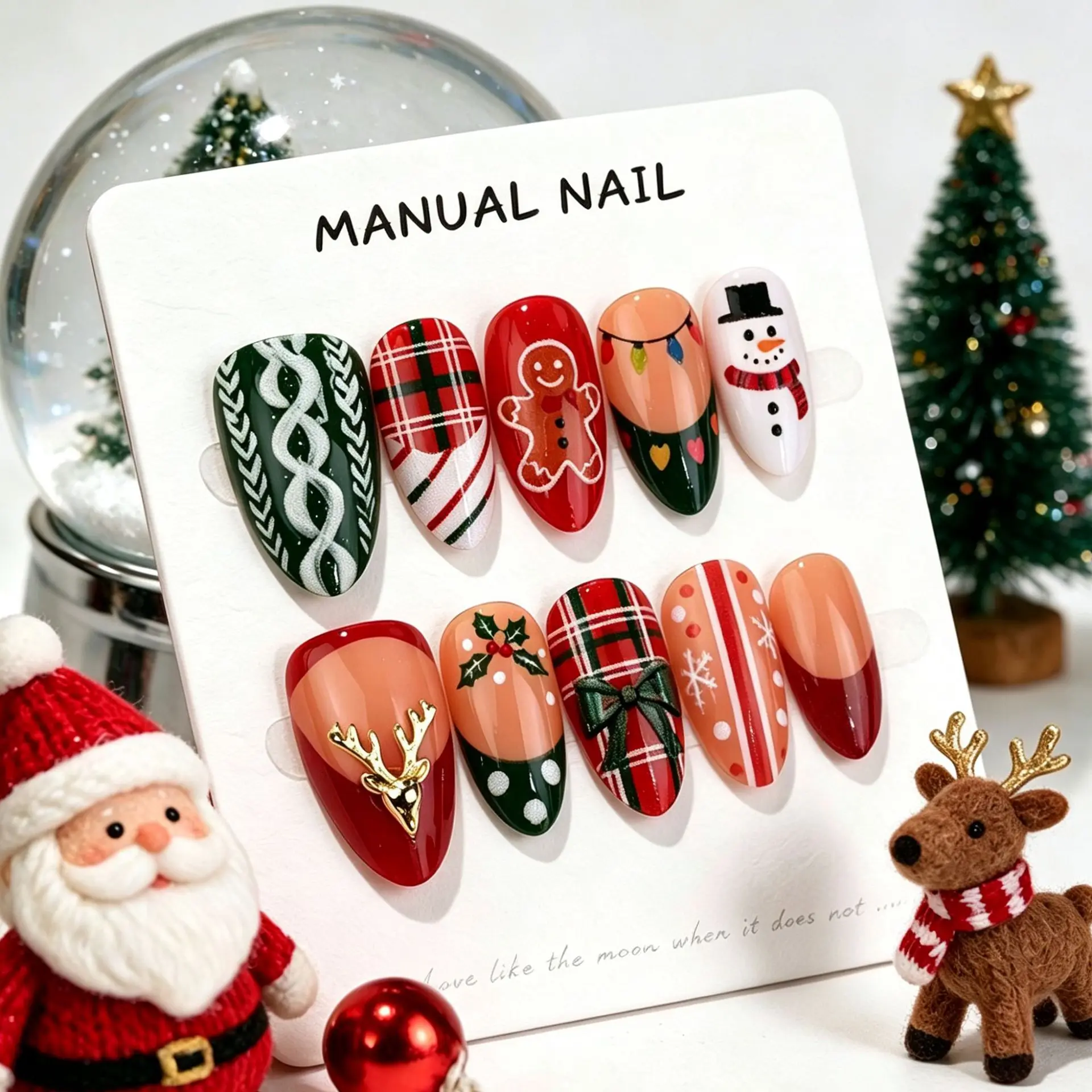 30pcs Christmas Snowman Press On Nails Green Bowknots Gingerbread Man Elk Plaid Fake Nails French Style Short Almond False Nail