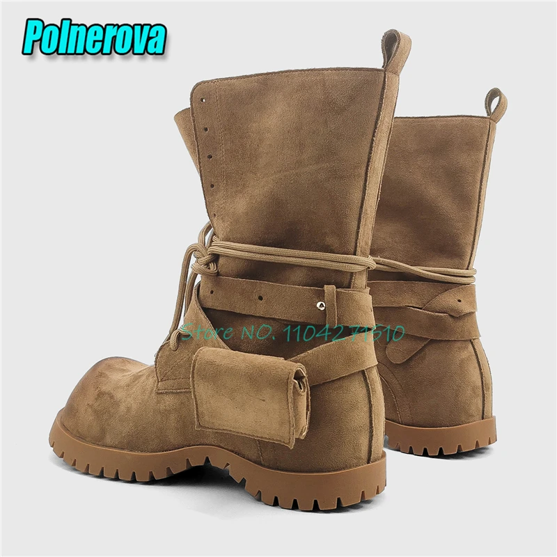 Retro Brown Leather Thick Soled Lace Up Motorcycle Boots Pocket Decor Belt Buckle Round Toe Height Increasing Women Calf Boots