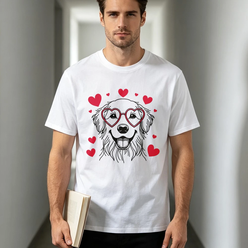 Heart Glasses Golden Retriever Graphic Tee Cute Dog Red Love Heart Unisex Streetwear Shirt Valentine's Day Gift Funny Cotton Tee