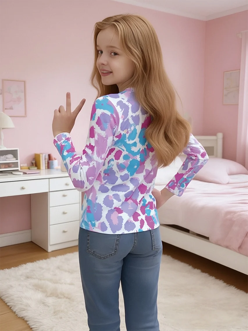 2026 Girls Long Sleeve T-Shirt, Blue Purple Pink Leopard Print Long Sleeve