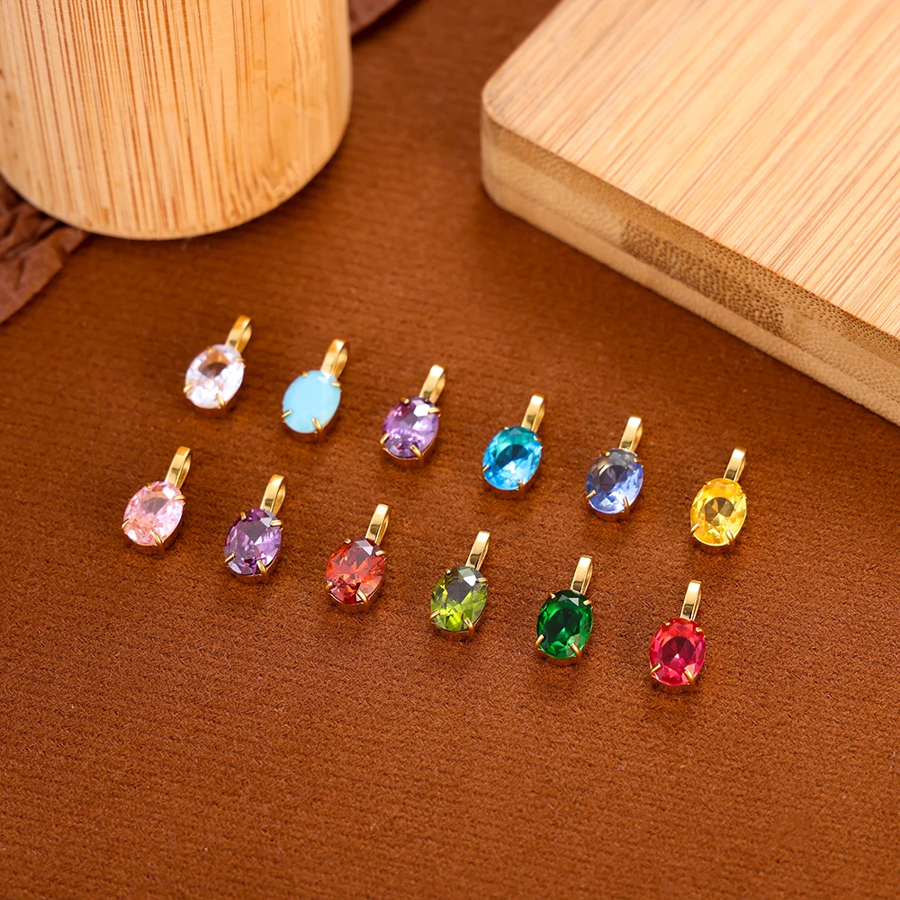 Colorful High Quality Long Lasting Color Oval Crystal Gold-Plated Inlaid Zircon Charms Pendant DIY Jewelry Necklace