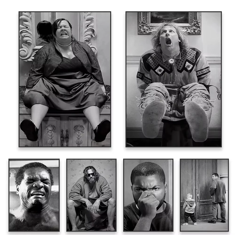 Funny Bathroom Wall Art Poster Funny Portrait Art Prints Vintage Movie Art Canvas Painting Black and White Toilet Decoration