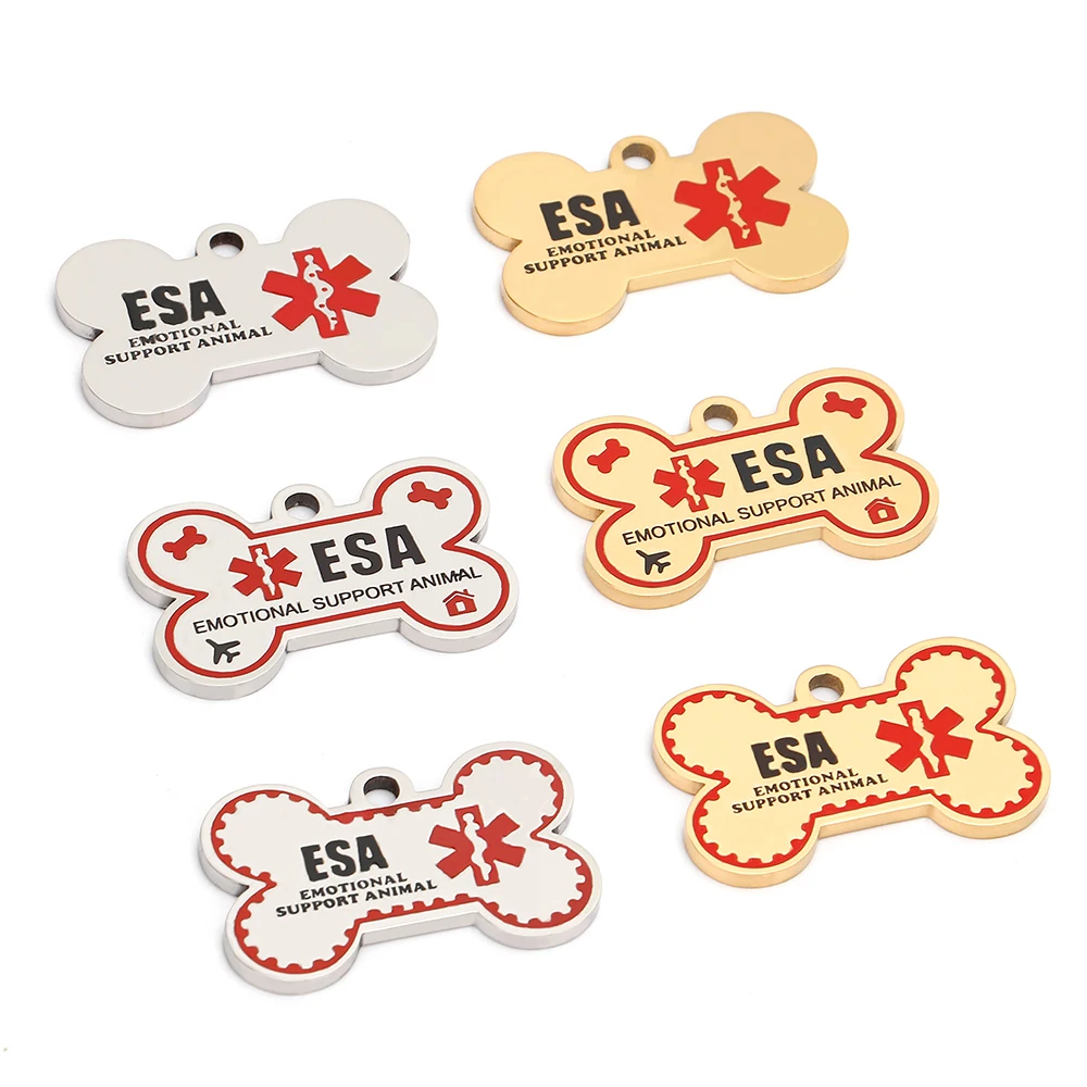 Personalized ESA Dog Tag Stainless Steel Custom Emotional Support Animal Pet ID Tags Bone Pet Tag Pendants
