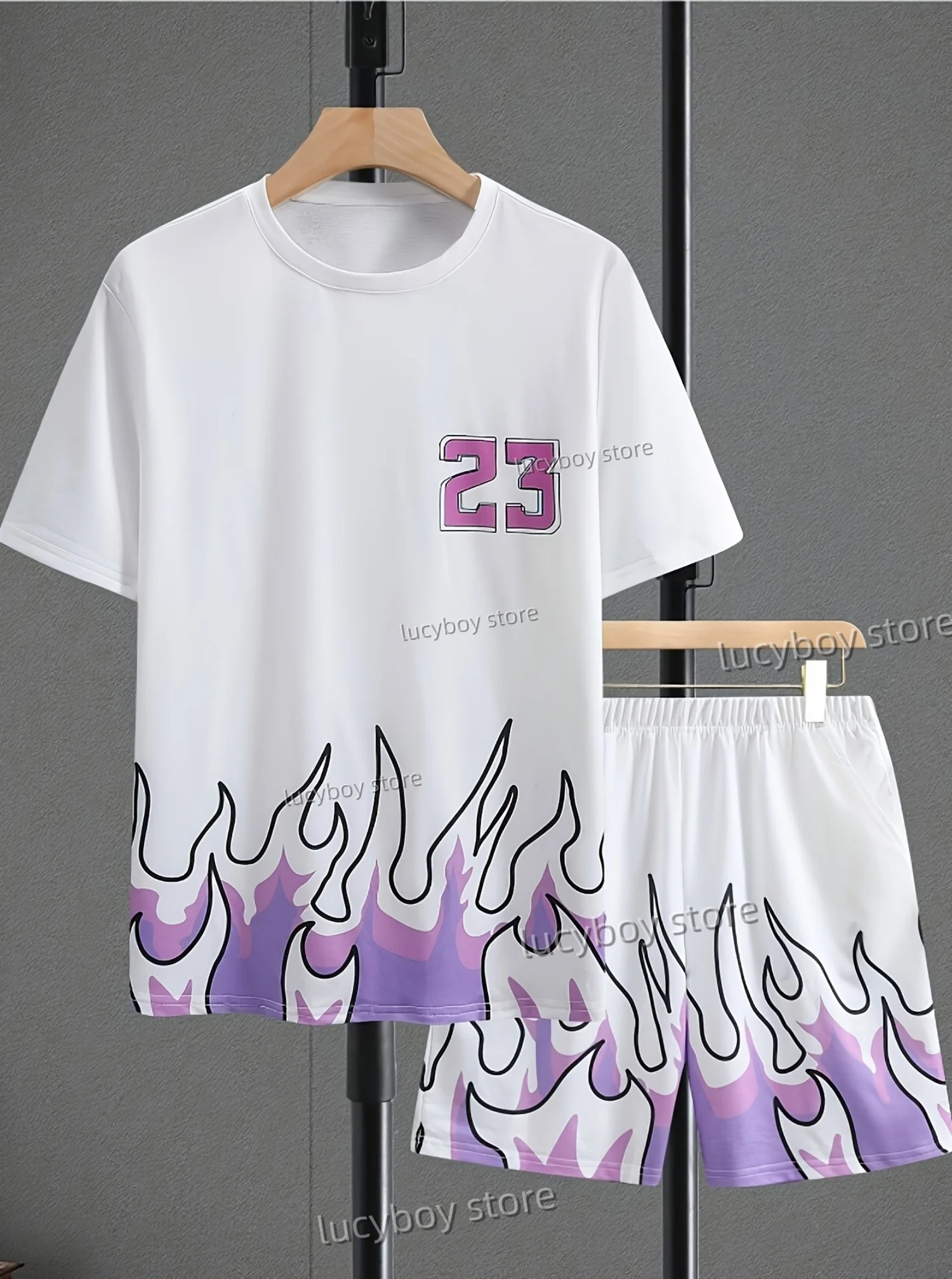 

3d Flame No.23 Print Men's Summer Casual Short Sleeve T-Shirt Shorts Set Adult Basketball Jogging Tracksuit 2 Piece Set Clothes