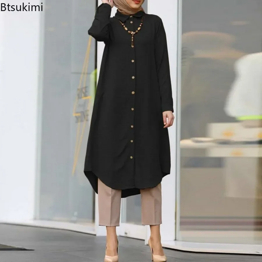 2024 Saudi Arab Women Muslim Long Sleeve Blouse Casual Loose Shirt Dress Tunic Blusas Women\'s Tops Morocco Turkish Solid Chemise