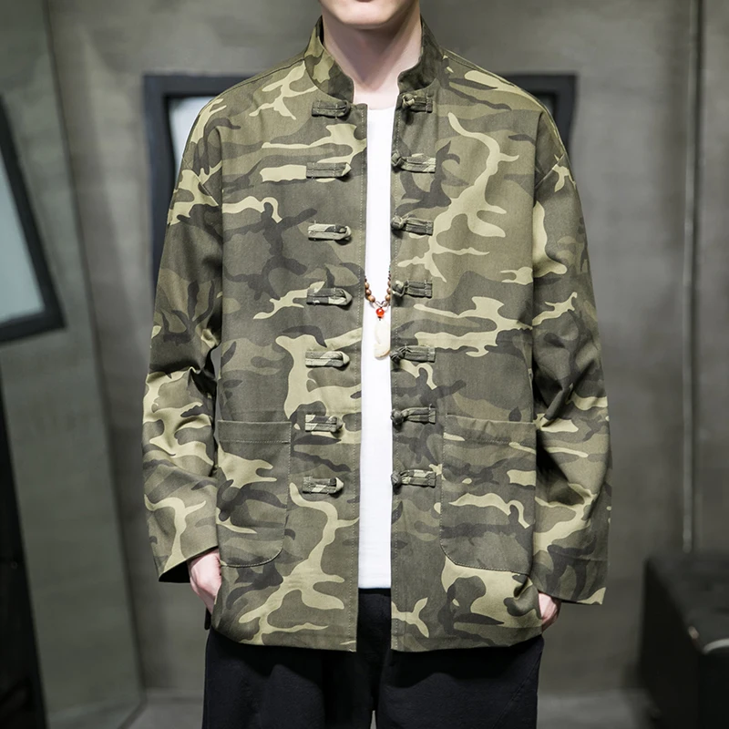 

Loose Fit Men's Camouflage Jaet Spring Faion Retro Chinese Sle Stand Collar Button up Men's Outerwear