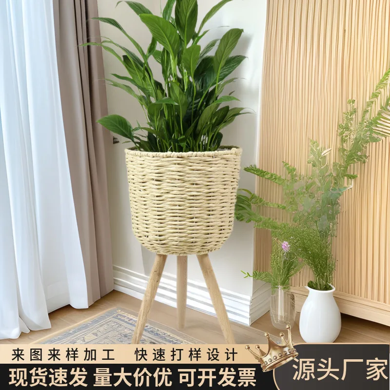 Tall Wooden Plant Stand, Nordic Creative Woven Rattan Basket Pot Holder, Floor Standing Living Room Indoor Decor, Pothos